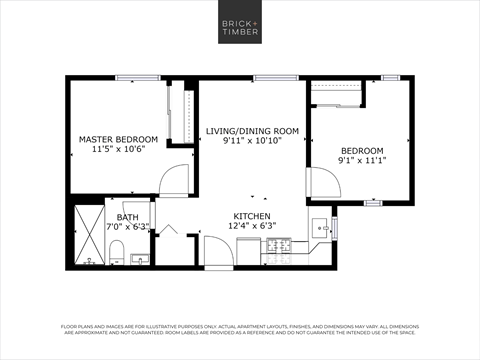 Floor plan for 2 beds, 1 bath, 499 sqft